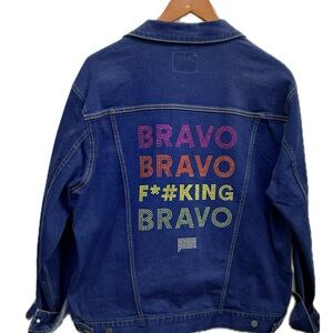 Denim Jean Jacket with Colorful 'BRAVO' Rhinestone Back